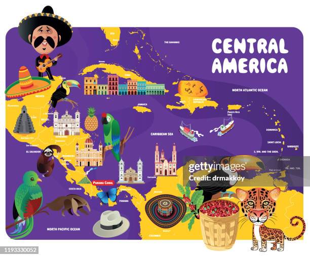 illustrazioni stock, clip art, cartoni animati e icone di tendenza di mappa di viaggio dell'america centrale, kingston, san salvador, port-au prince, santo domingo, san jose, panama city, città del guatemala, tegucigalpa, belmopan, managua, l'avana, città del messico, nassau - puerto rican culture