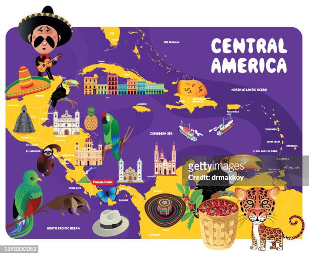 central america travel map, kingston ,san salvador ,port-au prince ,santo domingo ,san jose' ,panama city ,guatemala city ,tegucigalpa ,belmopan ,managua ,havana ,mexico city ,nassau - central america stock illustrations