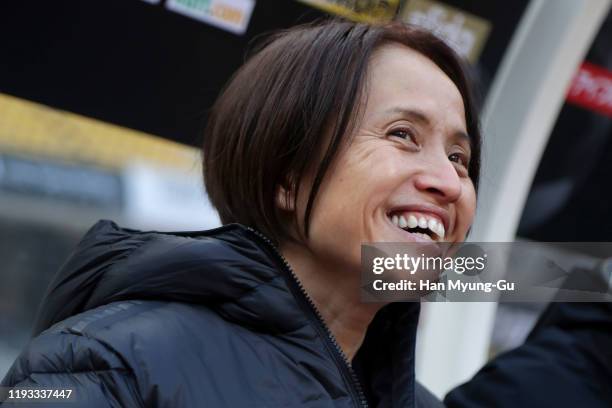 Japan team head coach Asako Takakura looks on before match during the EAFF E-1 Football Championship match between Japan and Chinese Taipei at Busan...