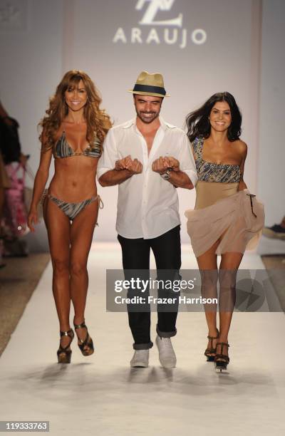 Aylin Mujica, Designer A.Z. Araujo and Adriana de Moura walk the runway at the A.Z Araujo show during Merecedes-Benz Fashion Week Swim 2012 on July...