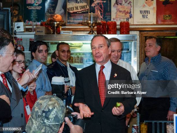 On election day, American politician New York City Mayor Michael Bloomberg campaigns for a second term before supporters at the Stage Deli , New...