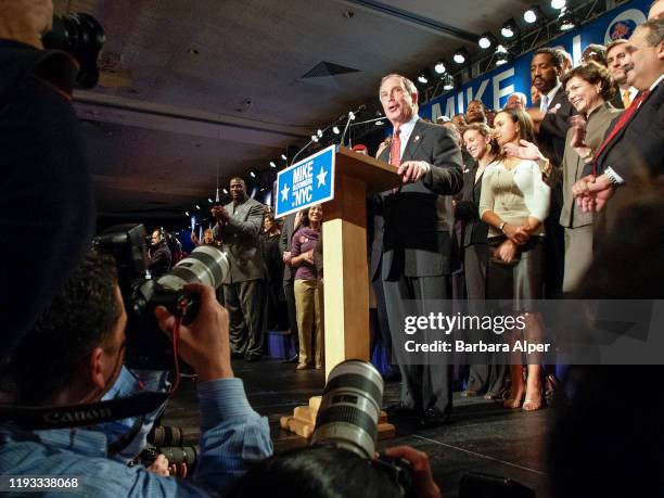 American politician New York City Mayor Michael Bloomberg speaks to supporters during an election night party at the Sheraton New York hotel, New...