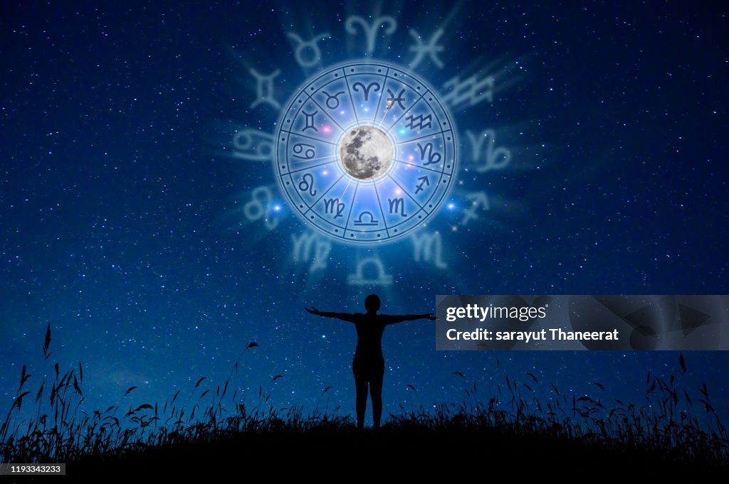 Zodiac signs inside of horoscope circle. Astrology in the sky with many stars and moons astrology and horoscopes concept