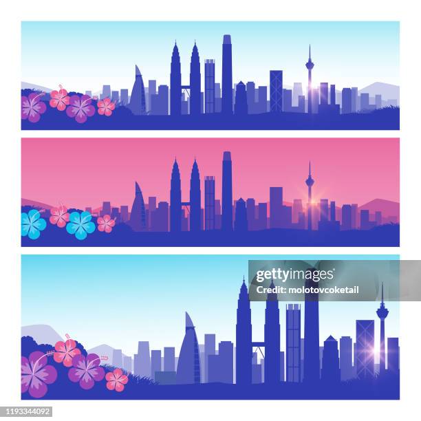 kuala lumpur skyline set - petronas twin towers stock illustrations