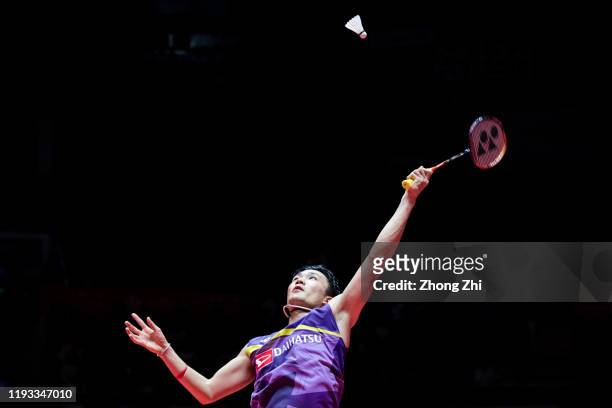 Kento Momota of Japan in action during the match against Wang Tzu Wei of Chinese Taipei on day 1 of the HSBC BWF World Tour Finals 2019 at Tianhe...