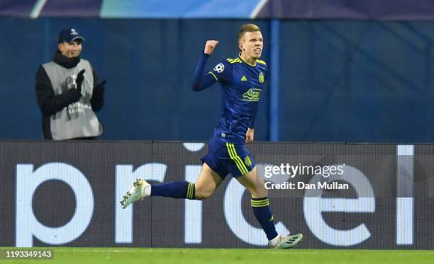 Dani Olmo of GNK Dinamo Zagreb celebrates after scoring his team's first goal during the UEFA Champions League group C match between Dinamo Zagreb...