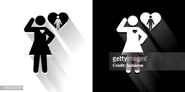 stockillustraties, clipart, cartoons en iconen met vrouw in liefde zwart-wit pictogram met lange schaduw - heart vs mind