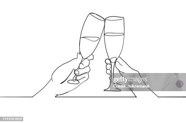 single line drawing of a champane celabrations - new year cartoon stock pictures, royalty-free photos & images