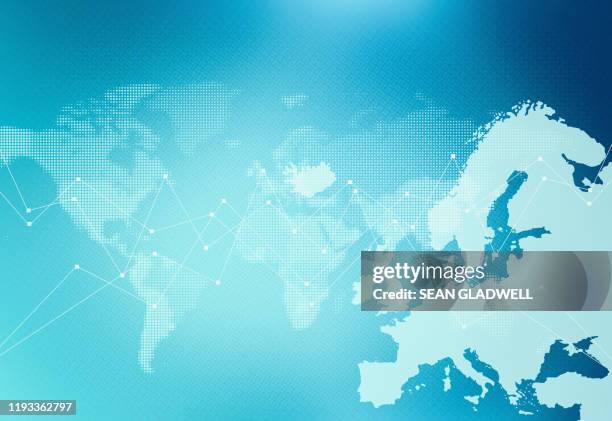 map of europe and world map - connected globe stock pictures, royalty-free photos & images