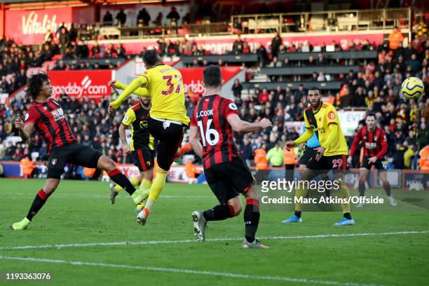 Roberto Pereyra of Watford scores their 3rd goal during the Premier League match between AFC Bournemouth and Watford FC at Vitality Stadium on...