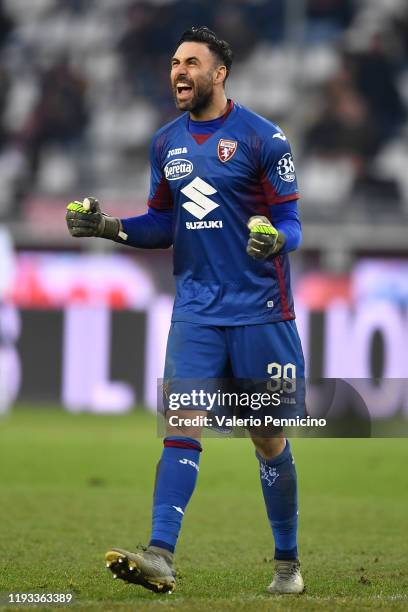 Salvatore Sirigu of Torino FC celebrates victory at the end of the Serie A match between Torino FC and Bologna FC at Stadio Olimpico di Torino on...