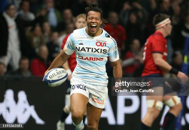 Teddy Thomas of Racing 92 during the Heineken Champions Cup Round 5 match between Racing 92 and Munster Rugby at Paris La Defense Arena on January...