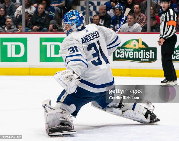 Goalie Frederik Andersen of the Toronto Maple Leafs stretches to make a save during NHL action at Rogers Arena against the Vancouver Canucks on...