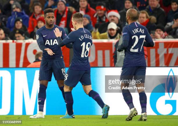 Ryan Sessegnon of Tottenham Hotspur celebrates after scoring his team's first goal with Giovani Lo Celso during the UEFA Champions League group B...
