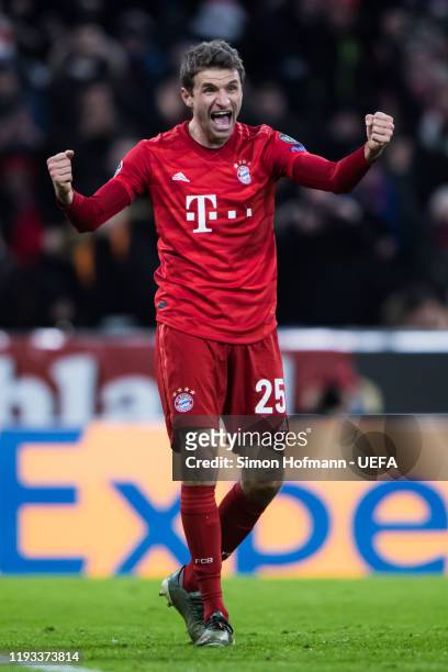 Thomas Mueller of Muenchen celebrates his team's second goal during the UEFA Champions League group B match between Bayern Muenchen and Tottenham...