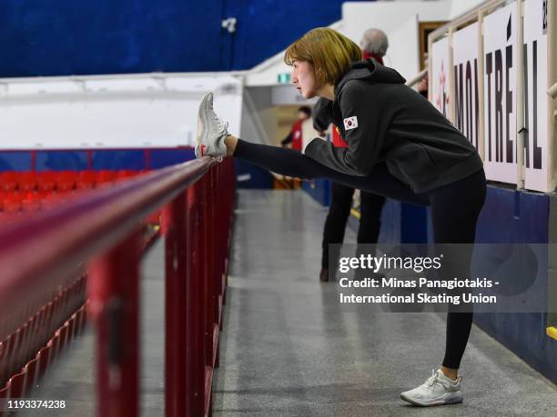 Noh Ah Rum from the Republic of Korea stretches prior to the ISU Four Continents Short Track Speed Skating Championships at Maurice Richard Arena on...