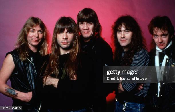 English songwriter and guitarist Dave Murray, English songwriter, musician and lead singer Bruce Dickenson, English drummer Nicko McBrain, English...