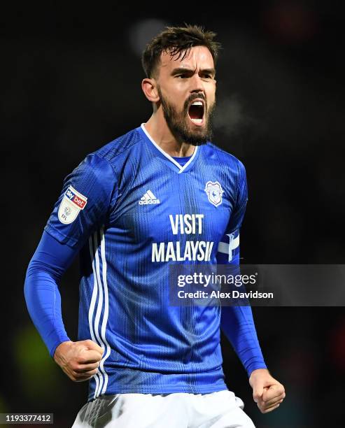 Marlon Pack of Cardiff City celebrates after scoring his team's first goal during the Sky Bet Championship match between Brentford and Cardiff City...