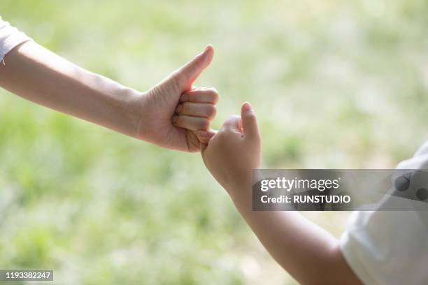 mother and son pinky swearing in park - pinky promise stock pictures, royalty-free photos & images