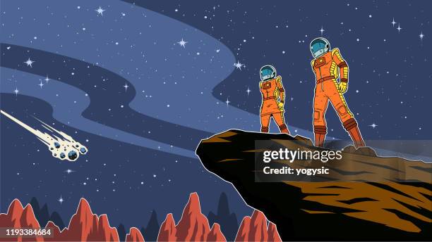 vector retro astronaut couple standing on a cliff with outer space background - scientists collaborating stock illustrations