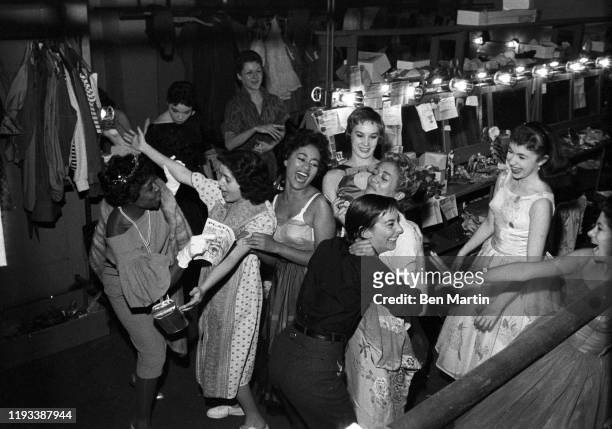 The West Side Story chorus girls celebrating in the dressing room on opening night, September 26, 1957