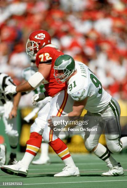 Andy Harmon of the Philadelphia Eagles rushes up against Dave Lutz of the Kansas City Chiefs during an NFL football game October 11, 1992 at...