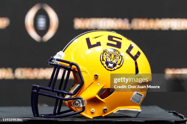 General view of LSU Tigers helmet before the Head Coaches Press Conference before the College Football Playoff National Championship at the Grand...
