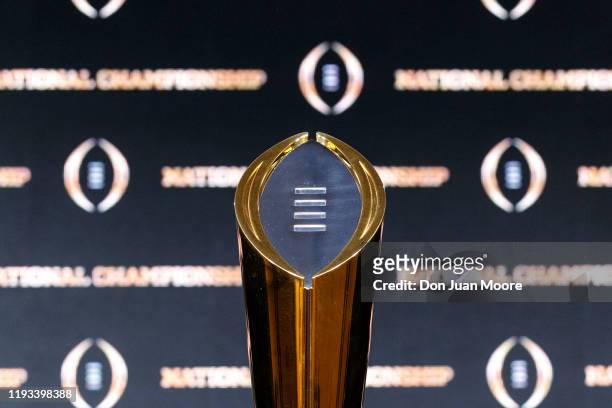 General view of The College Football Playoff National Championship Trophy before the Head Coaches Press Conference before the College Football...