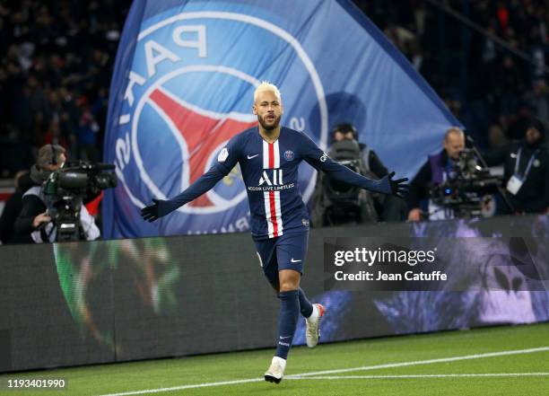 Neymar Jr of PSG celebrates his first goal during the Ligue 1 match between Paris Saint-Germain and AS Monaco at Parc des Princes stadium on January...