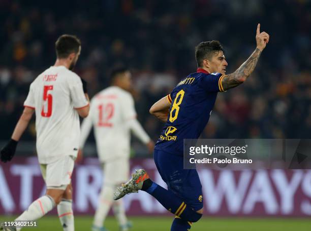 Diego Perotti of AS Roma celebrates after scoring the team's first goal from penalty spot during the Serie A match between AS Roma and Juventus at...