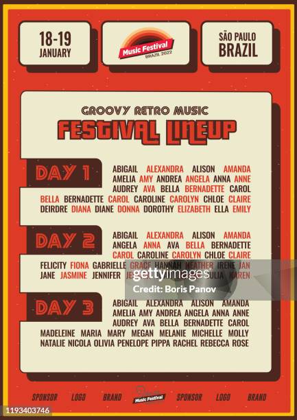 ilustraciones, imágenes clip art, dibujos animados e iconos de stock de groovy rojo y naranja vintage retro music festival cartel de la alineación para el evento en vivo - cartel de concierto