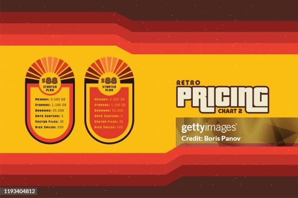 fun retro red brown and yellow pricing table for digital services - digital marketing services stock illustrations