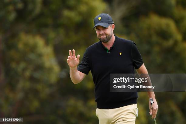 Marc Leishman of Australia and the International team reacts on the 12th green during Thursday four-ball matches on day one of the 2019 Presidents...