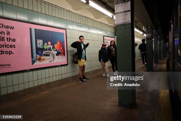 Participants take part in 19th annual 'No Pants Subway Ride' in New York City subway on January 12, 2020 in New York, United States.