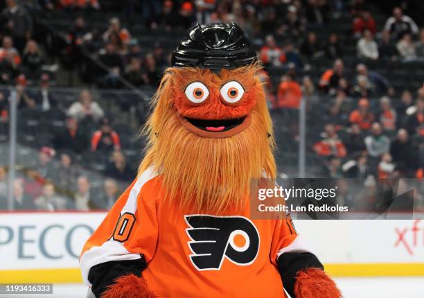 Gritty, the mascot of the Philadelphia Flyers looks on during the first period intermission against the Arizona Coyotes on December 5, 2019 at the...