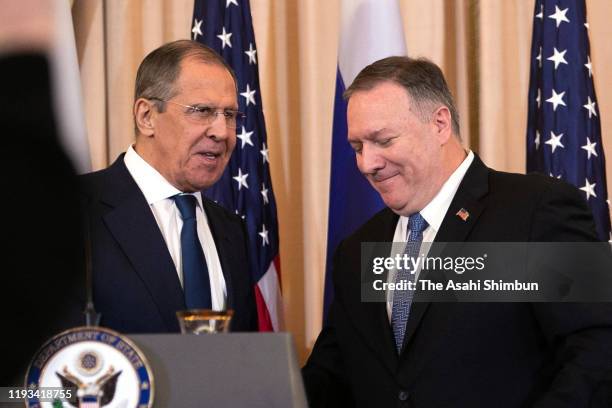 Russian Foreign Minister Sergey Lavrov and U.S. Secretary of State Mike Pompeo attend a joint news conference in the Franklin Room at the State...