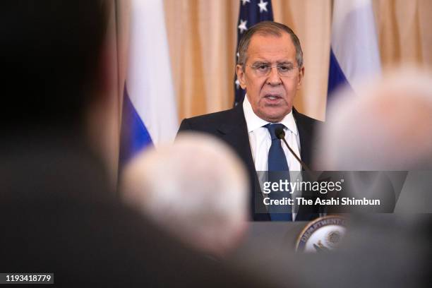 Russian Foreign Minister Sergey Lavrov attends a joint press conference with U.S. Secretary of State Mike Pompeo in the Franklin Room at the State...