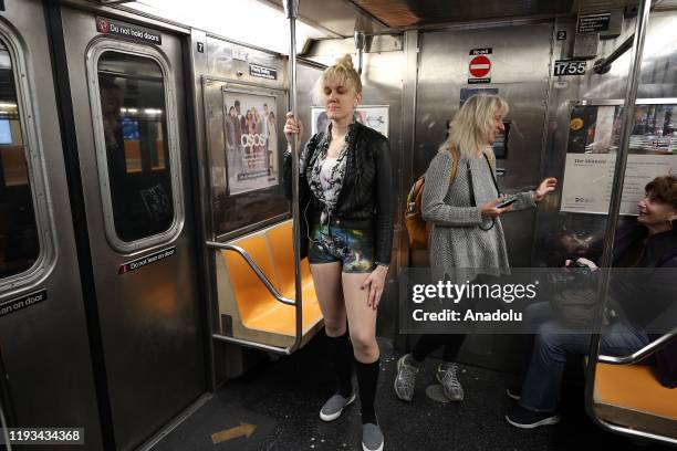 Participants take part in 19th annual 'No Pants Subway Ride' in New York City subway on January 12, 2020 in New York, United States.