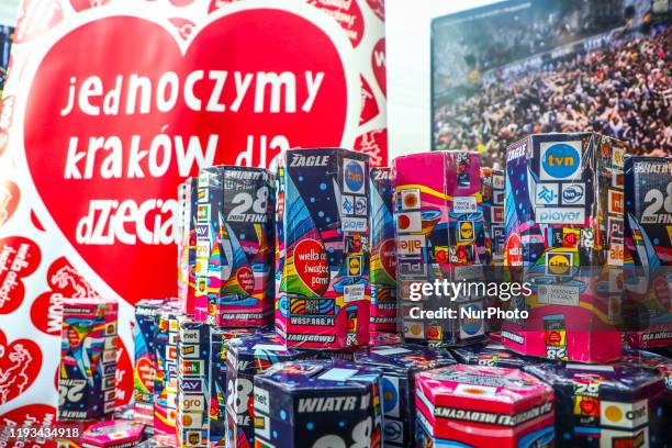 Collection boxes for the 28th Grand Finale of Great Orchestra of Christmas Charity in Krakow, Poland on 12 January, 2020. The yearly fundraiser Great...