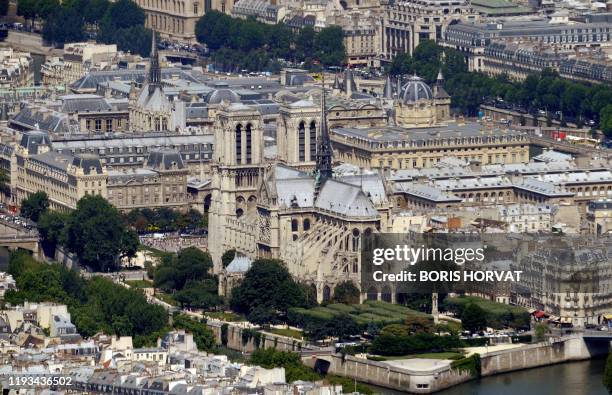 An aerial picture taken aboard an helicopter on July 20, 2010 shows a view of the Notre Dame cathedral in Paris on the Ile de la Cite . Second ground...