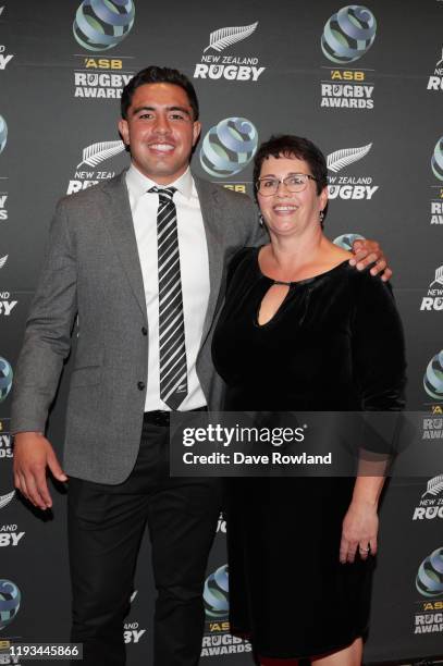 Anton Lienert-Brown with mother Anne Lienert-Brown during the New Zealand Rugby Awards at the Sky City Convention Centre on December 12, 2019 in...