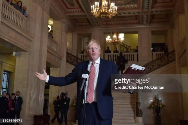 British Prime Minister, Boris Johnson delivers a statement at Stormont on January 13, 2020 in Belfast, Northern Ireland.