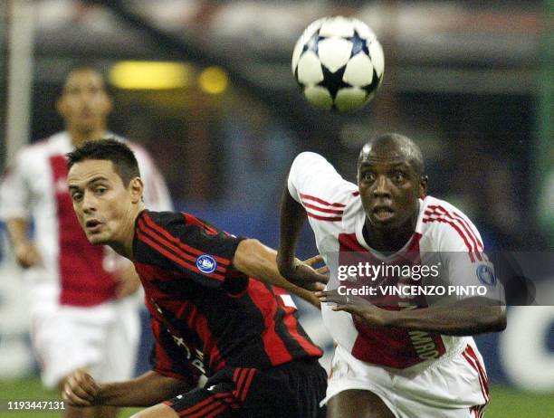 Filippo Inzaghi of AC Milan figths for the ball with AFC Ajax's Abubakari Yabuku during their Champions League Group H match at Meazza stadium in...