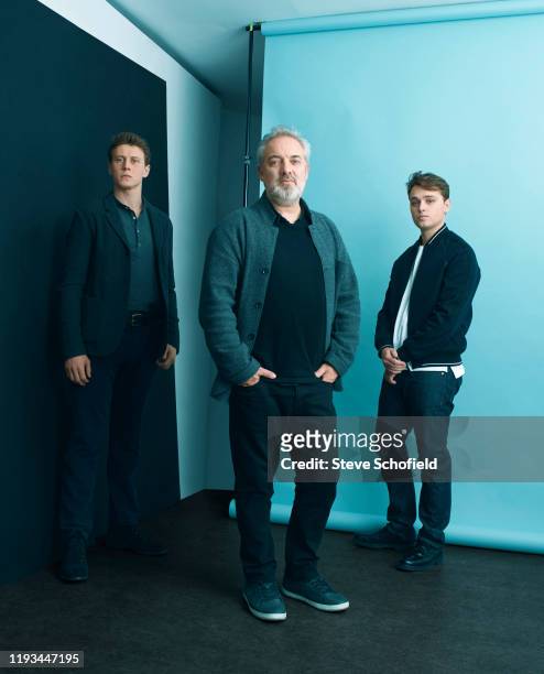 Film director Sam Mendes is photographed with actors George MacKay and Dean-Charles Chapman for the Wrap magazine on December 5, 2019 in London,...