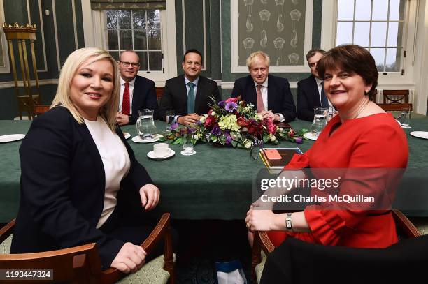 First Minister Michelle O'Neill of Sinn Fein, Deputy Leader Simon Coveney of Fine Gael, Taoiseach, Leo Varadkar, British Prime Minister Boris...