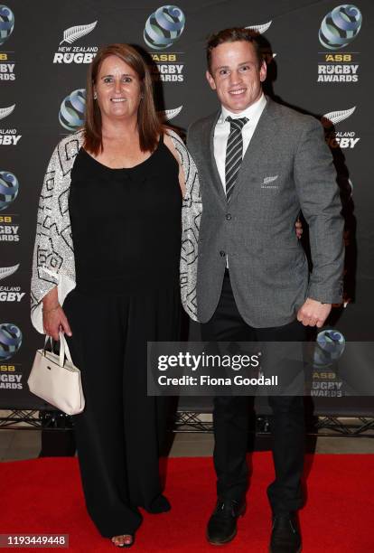 All Black Brad Weber and his mum Ann Cooper arrive during the New Zealand Rugby Awards at the Sky City Convention Centre on December 12, 2019 in...
