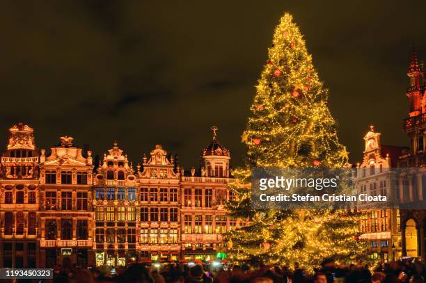 magic christmas light at brussels grand place belgium, europe - grand place stock-fotos und bilder