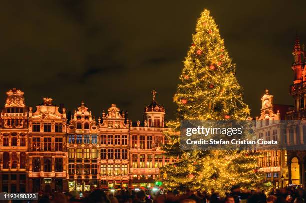 magic christmas light at brussels grand place belgium, europe - brussels foto e immagini stock