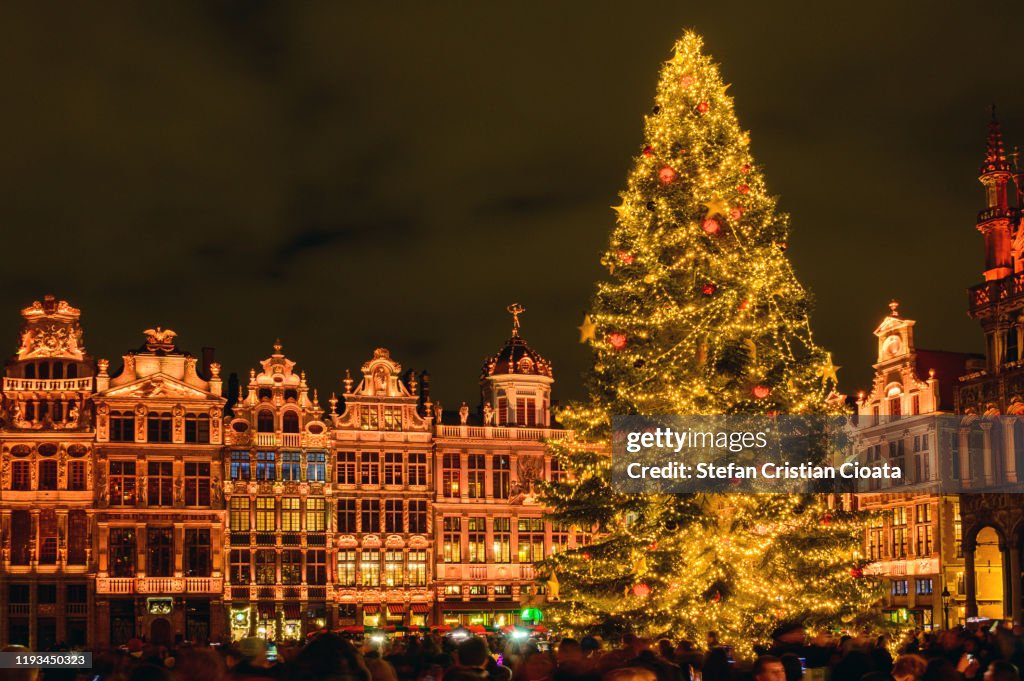 Magic Christmas light at Brussels Grand Place Belgium, Europe