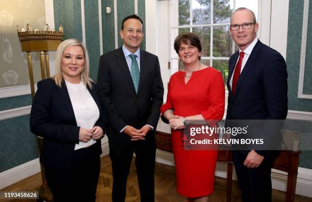 Northern Ireland's Deputy First Minister Michelle O'Neill, Ireland's Prime Minister Leo Varadkar, Northern Ireland's First Minister Arlene Foster and...